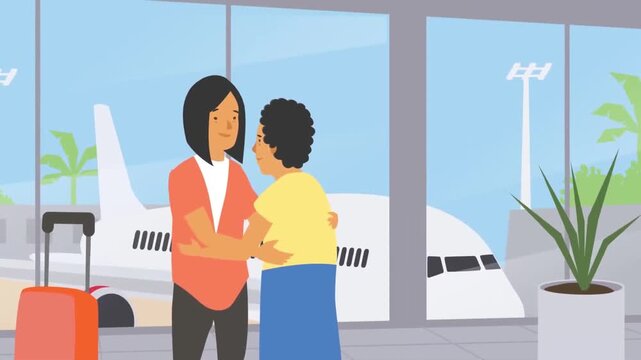 2D animation of two women embracing and hugging at an airport terminal near airplane travel reunion concept