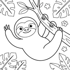 Naklejka premium Cute cartoon sloth hanging from a branch with tropical leaves and flowers, coloring page for kids