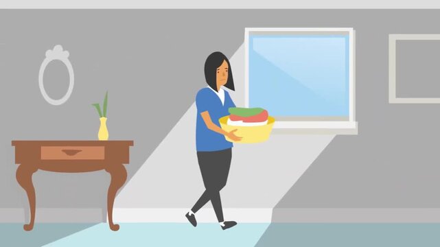 2D animation of a maid housekeeper walking through a room holding a basket with stacked clothes domestic chores