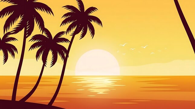 Tropical sunset with palm tree silhouettes and ocean