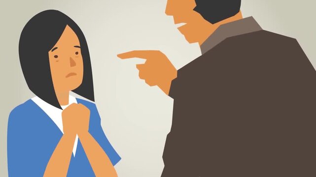 2D animation close up of a man shouting and pointing finger aggressively at a sad woman argument conflict