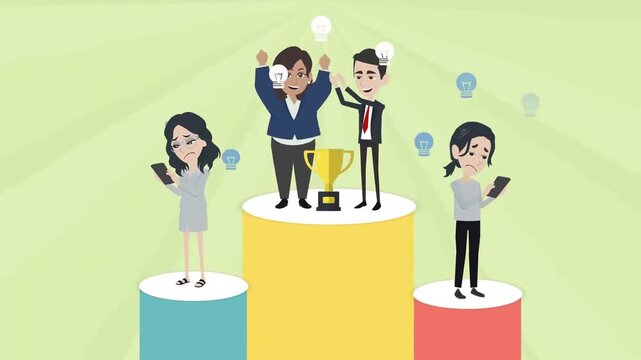 2D animation of successful business team standing on a 1st 2nd 3rd place podium holding trophy success concept