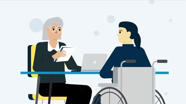 2D animation of a senior manager interviewing a businesswoman in a wheelchair in office disability inclusion concept