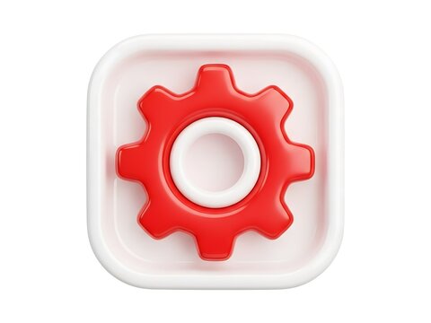Glossy red gear icon centered on a white rounded square background surface
