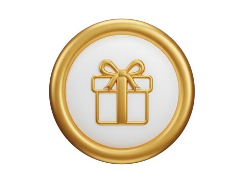 A golden gift box icon centered inside a circular metallic frame for design