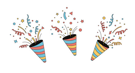 Obraz premium Colorful party poppers with exploding confetti and serpentine spirals isolated on a white background.