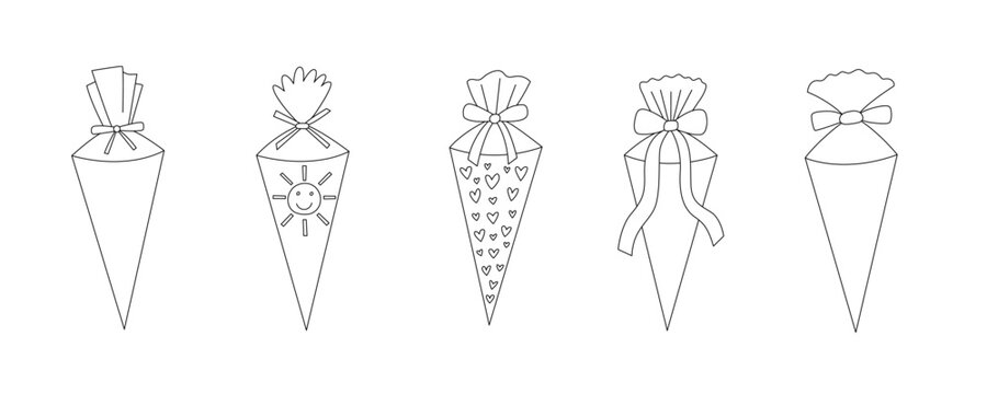 School Cone Collection. German Candy Cone for Coloring Book Kit. Outline School Start Children Set. Clipart Lineart Element for Coloring Page