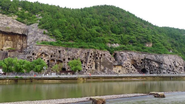 Aerial view of giant Vairocana Buddha, Longmen Grottoes, Luoyang, Henan, China, UNESCO World Heritage Site