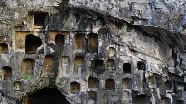 Aerial view of giant Vairocana Buddha, Longmen Grottoes, Luoyang, Henan, China, UNESCO World Heritage Site