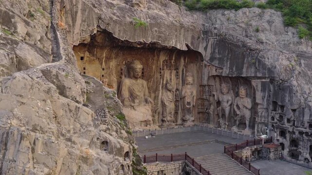 Aerial view of giant Vairocana Buddha, Longmen Grottoes, Luoyang, Henan, China, UNESCO World Heritage Site