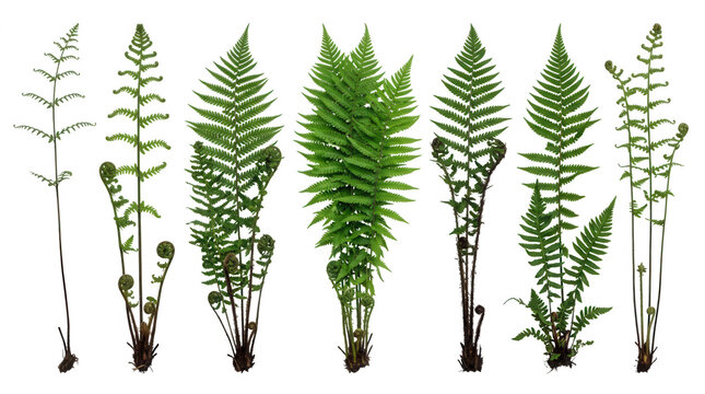 Cole&ccedil;&atilde;o de diferentes tipos de folhas de samambaia verde e brotos isolados no fundo branco, mostrando a diversidade bot&acirc;nica e o crescimento da planta.