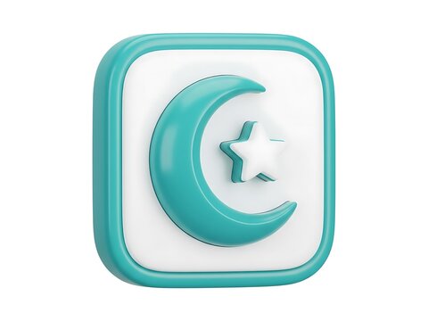 A three dimensional turquoise crescent moon and star icon on white background