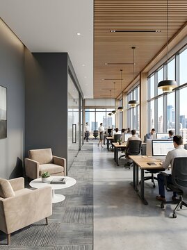Spacious corporate office interior with wooden slat ceiling, polished concrete floor, glass meeting rooms, and desk areas