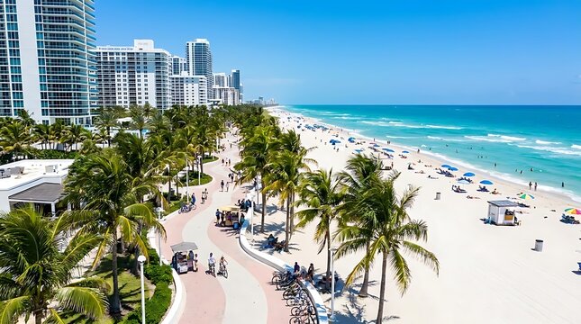 Sunny beach with palm tree and coastal city building