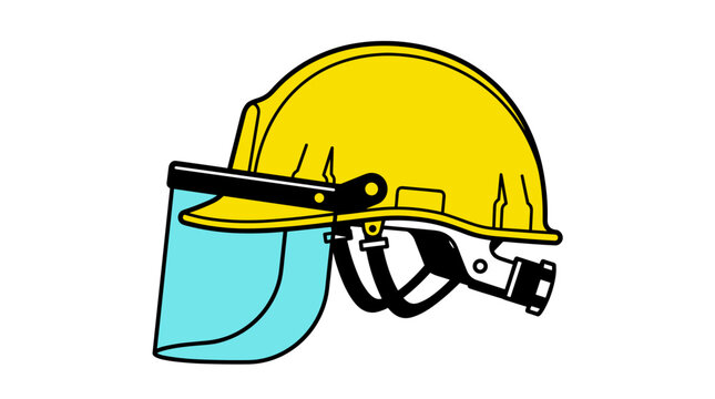 Industrial yellow safety helmet with protective face shield visor icon isolated on white background for construction site safety
