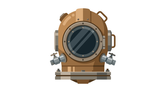 Vintage brass deep sea diving helmet flat vector illustration isolated on white background for marine exploration and adventure