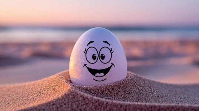 Funny Smiling Egg Character Buried in Beach Sand with Cartoon Face
