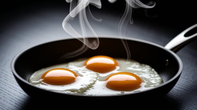 Fried Eggs Cooking in Black Pan with Three Egg Yolks and Steam