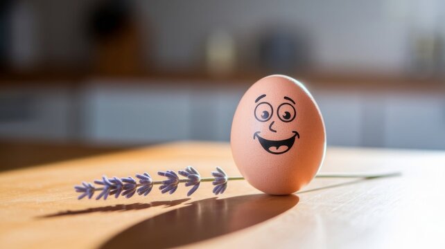 Funny Smiling Egg Character Buried in Beach Sand with Cartoon Face
