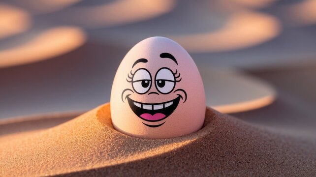Funny Smiling Egg Character Buried in Beach Sand with Cartoon Face