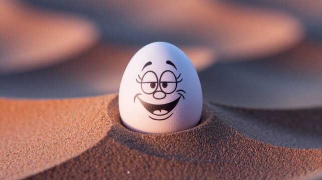 Funny Smiling Egg Character Buried in Beach Sand with Cartoon Face