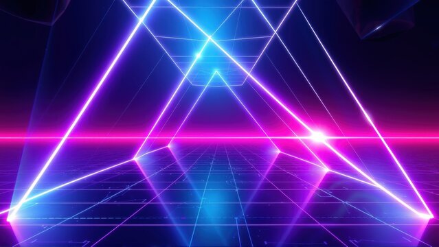 Neon grid landscape. Bright lines form triangles, converging toward distant horizon. Futuristic, vibrant, digital aesthetic.