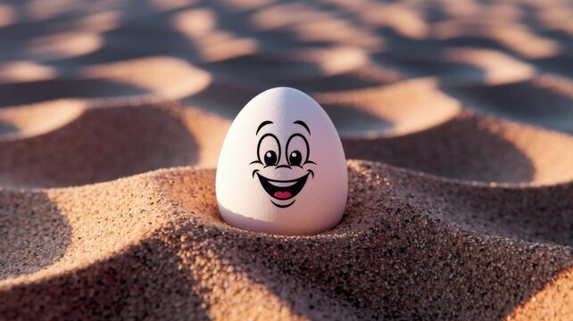Funny Smiling Egg Character Buried in Beach Sand with Cartoon Face