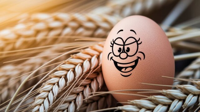 Funny Smiling Egg Character Buried in Beach Sand with Cartoon Face