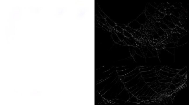 Intricate spider web illustration on black background, delicate white cobweb texture, spooky halloween design element for overlays