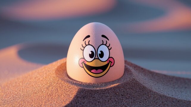 Funny Smiling Egg Character Buried in Beach Sand with Cartoon Face