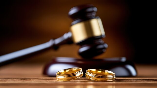 Symbolic representation of divorce with wedding rings and gavel