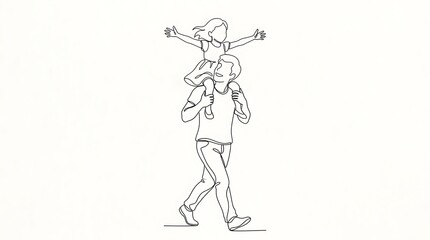Fototapeta premium Father carrying child dad walking with kid on shoulders in minimalist line drawing shoulders