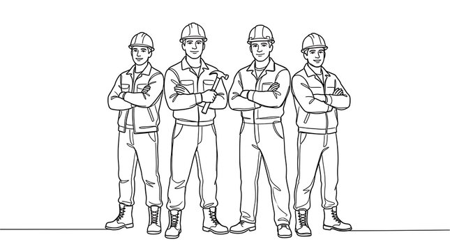 Industrial workers black and white sketch of four construction crew members standing construction