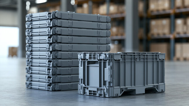 Folded collapsible logistics containers stacked beside open plastic