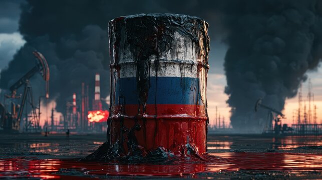 Symbolic Russian oil barrel covered in crude petroleum against burning refineries, smoke and pumpjacks representing energy crisis and decline.