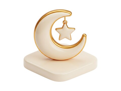 A 3d render of a cream colored crescent moon with a star on a square base