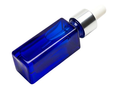 A sleek rectangular blue glass bottle with a reflective silver metal cap
