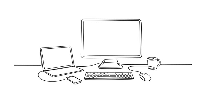 Continuous one line drawing Hand drawn sketch of a computer desk with laptop monitor and office accessories smartphone