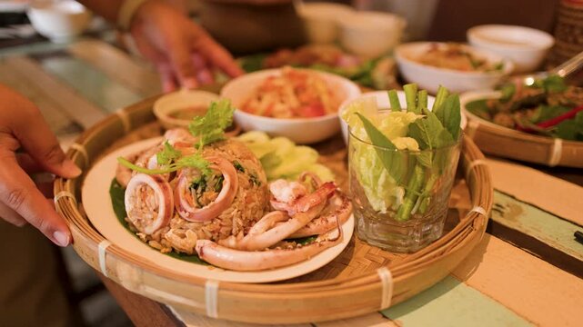Thai Seafood Fried Rice with Squid Served on Woven Tray