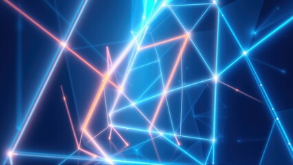 Fototapeta premium Abstract neon lines form complex geometric shapes against dark background. Bright colors create futuristic visual effect.