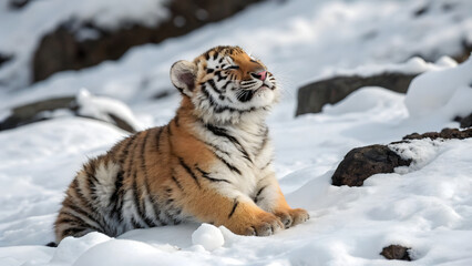 Obraz premium Cute Siberian tiger cub sitting in the snow, majestic wild cat in winter landscape