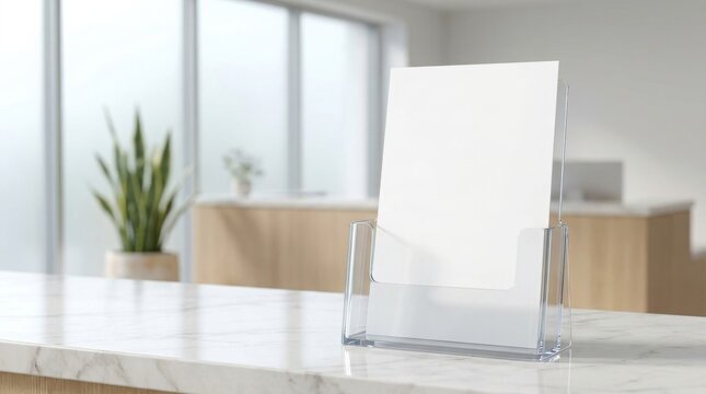 A blank vertical card in a clear acrylic holder on a white marble countertop in a bright office.