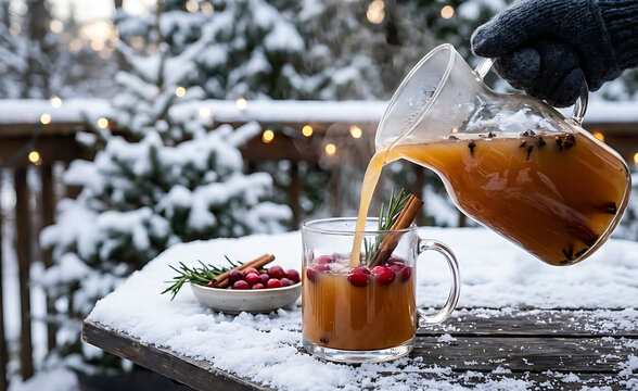 Pouring hot unfiltered spiced apple cider from a rustic glass carafe into a clear glass mug, garnish with fresh cranberry sprigs, rosemary,