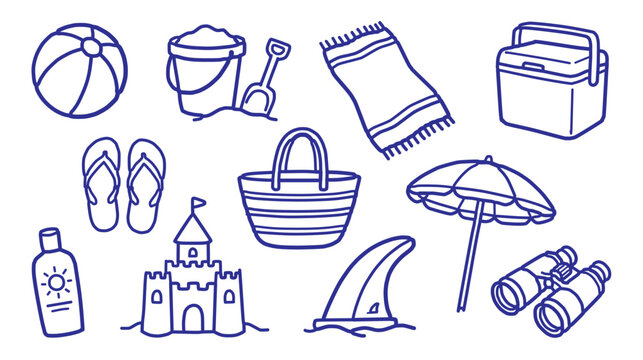 Hand drawn beach vacation and summer travel doodle collection with beach ball, bucket, shovel, beach towel, cooler box, flip flops, picnic basket, umbrella, sunscreen, sandcastle, 