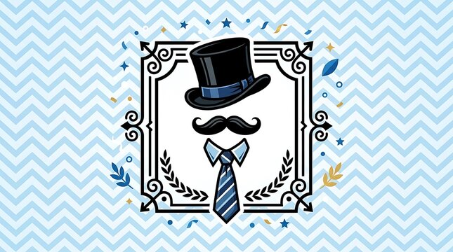 Mens day emblem vintage decorative frame with top hat mustache and necktie vector design mustache