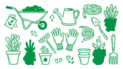 Hand drawn gardening and plant care doodle collection with wheelbarrow, watering can, garden tools, gloves, potted plants, seedlings, flower pots, shovel, rake, trowel, and gardening supplies © Hand Made Doodle