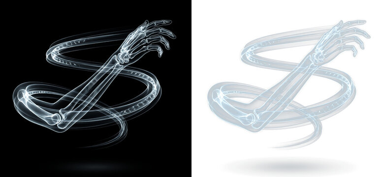 Xray of human arm and hand with glowing energy trail isolated on transparent background