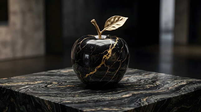 Black marble apple sculpture with gold veins on a stone pedestal for luxury interior decor.
