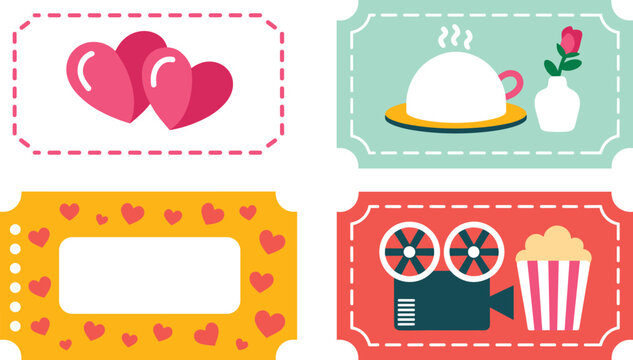 Romantic Date Night and Cinema Ticket Voucher Template Vector Set with Hearts Coffee Projector and Popcorn Elements for Anniversary Coupon Designs