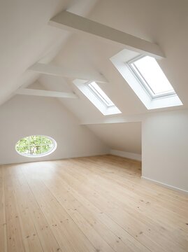 Bright and airy modern attic room with white walls, exposed wooden beams, skylights, an oval window, and light wooden flooring